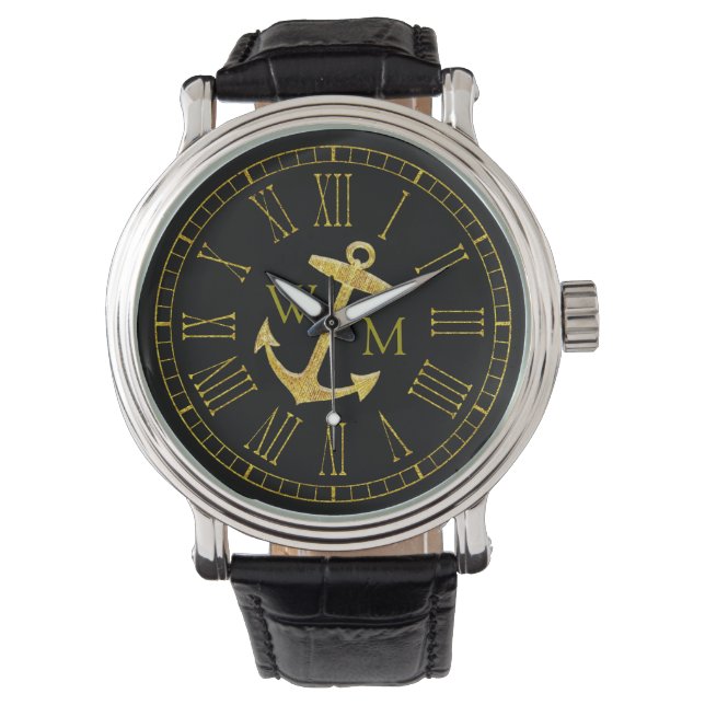 Gold Anchor Monogram Your Colour Personalize Watch (Front)