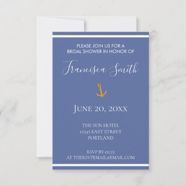 Gold Anchor Nautical Coastal Blue Bridal Shower Invitation (Front)