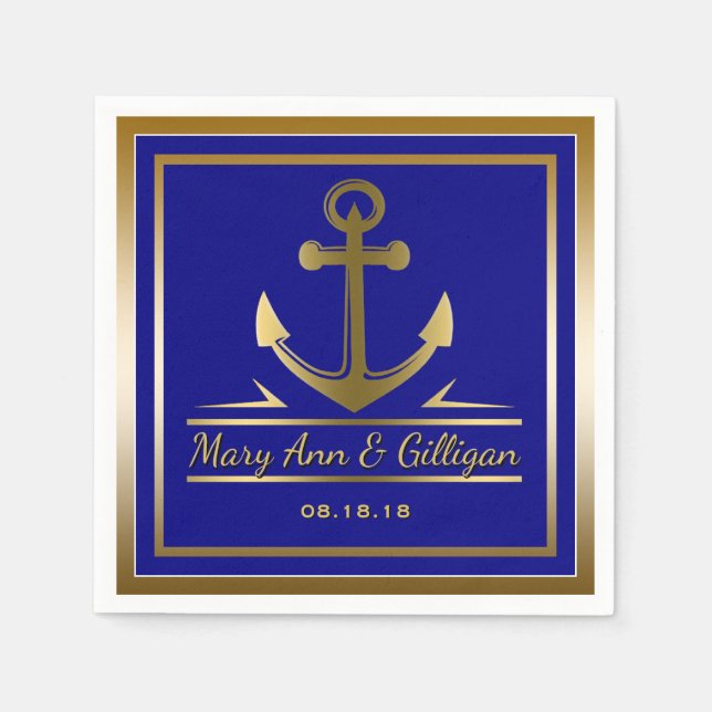 Gold Anchor Nautical Modern Wedding Navy Blue Napkin (Front)