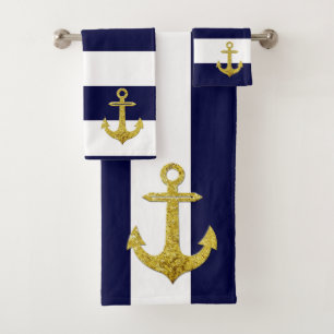 Gold anchor nautical stripes  bath towel set