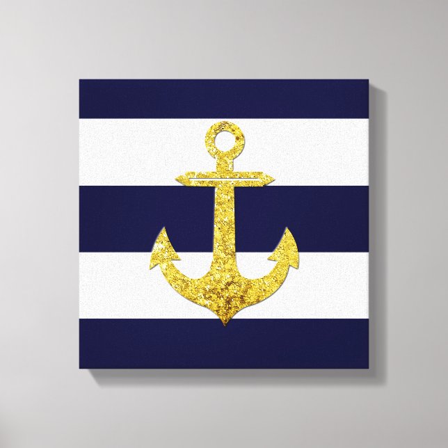 Gold anchor nautical stripes canvas print (Front)