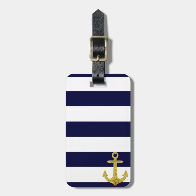 Gold anchor nautical stripes luggage tag (Front Vertical)
