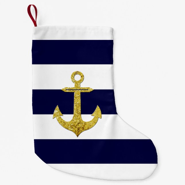 Gold anchor nautical stripes small christmas stocking (Front)