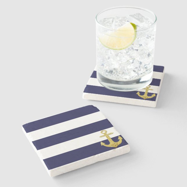 Gold anchor nautical stripes stone coaster (Side)