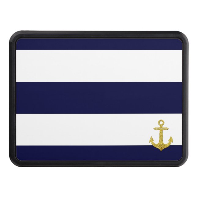 Gold anchor nautical stripes  trailer hitch cover (Front)