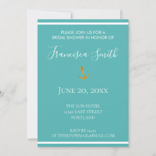 Gold Anchor Nautical Teal Blue Bridal Shower Invitation