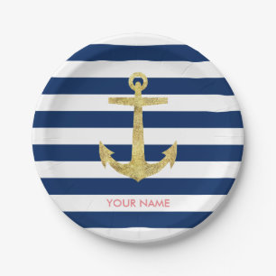 Gold Anchor Navy Blue Stripes Nautical Paper Plate