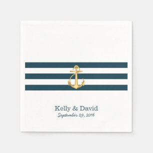 Gold Anchor Navy Blue Stripes Nautical Wedding Napkin
