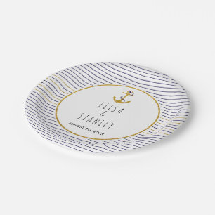 Gold anchor navy blue stripes nautical wedding paper plate