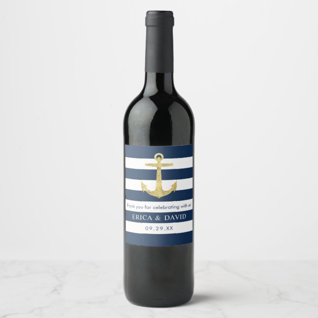 Gold Anchor Navy Blue Stripes Nautical Wedding Wine Label (Front)