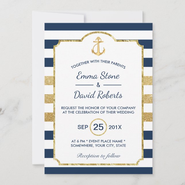 Gold Anchor Navy & Gold Stripes Nautical Wedding Invitation (Front)