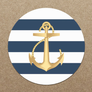 Gold Anchor Navy Stripes Nautical Wedding Classic Round Sticker