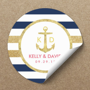 Gold Anchor Navy Stripes Nautical Wedding Favour Classic Round Sticker