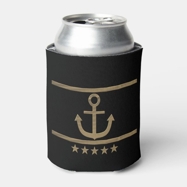 gold anchor on blue background. can cooler (Can Front)