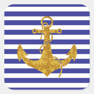Gold Anchor on Blue Stripes Square Sticker