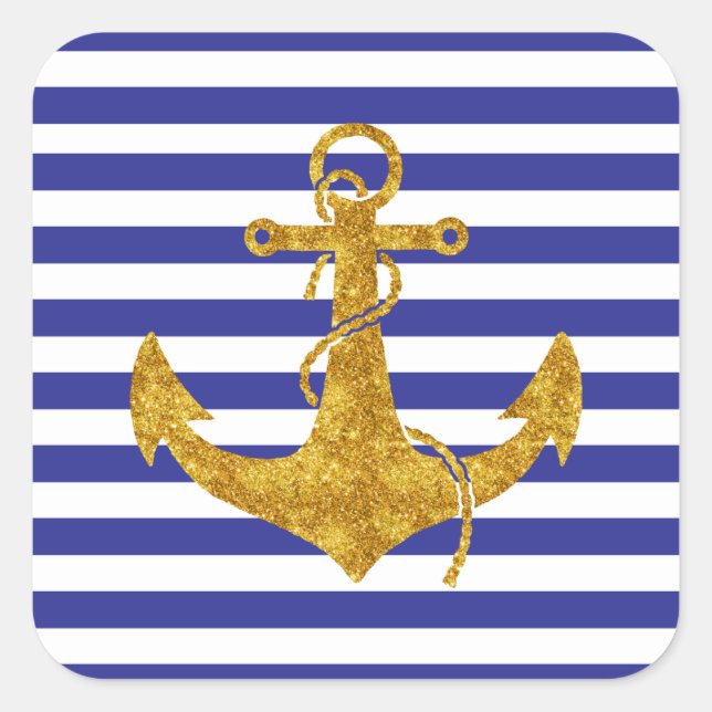 Gold Anchor on Blue Stripes Square Sticker (Front)