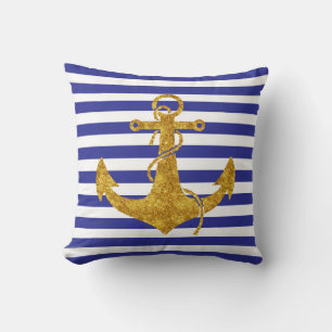 Gold Anchor on Blue Stripes Throw Pillow