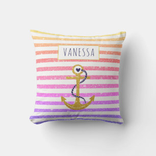 Gold  anchor rainbow striped pattern nautical throw pillow