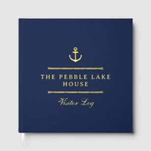 Gold Anchor & Rope Navy Blue Nautical Visitor Log Guest Book