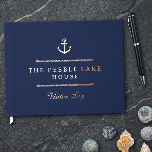 Gold Anchor & Rope Navy Blue Nautical Visitor Log Guest Book