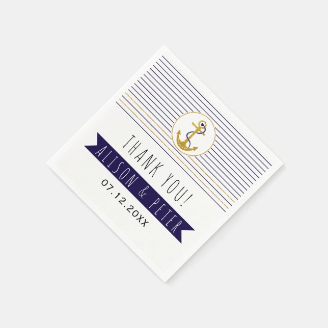 Gold anchor & stripes nautical wedding Thank You Napkin (Corner)