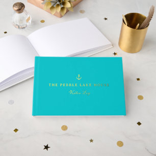 Gold Anchor Turquoise Nautical Visitor Log Guest Book