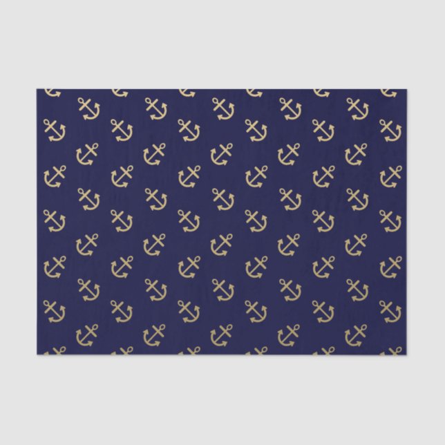 Gold Anchors Navy Blue Background Pattern Tissue Paper (Front)