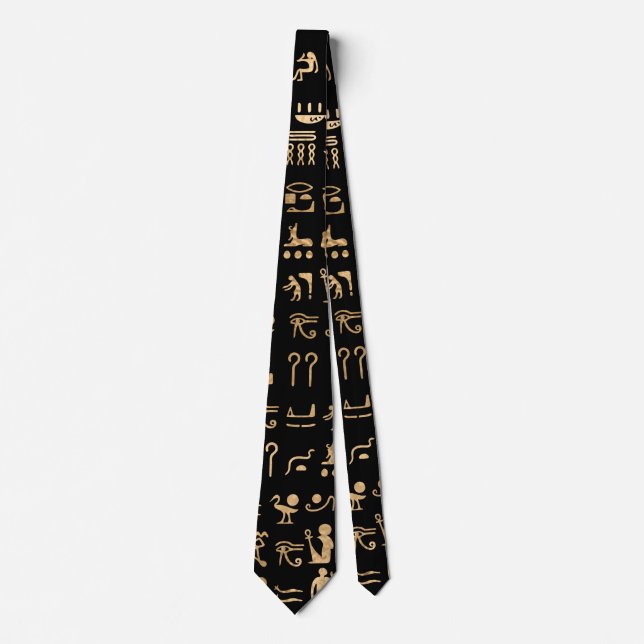 Gold Ancient Egyptian Hieroglyphics Art on Black Tie (Front)