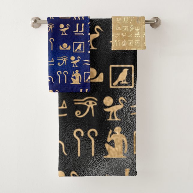 Gold Ancient Egyptian Hieroglyphics Bath Towel Set (Insitu)