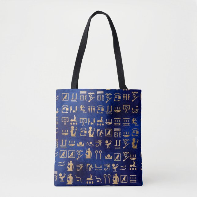 Gold Ancient Egyptian Hieroglyphics on Blue Tote Bag (Front)