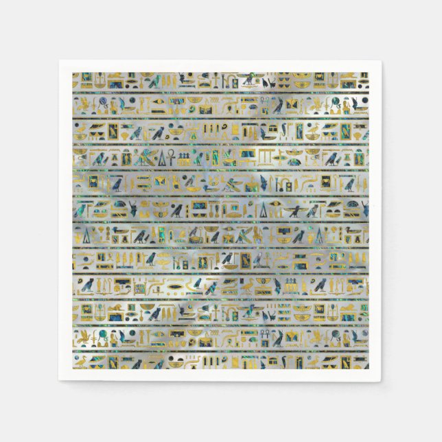 Gold and Abalone Egyptian hieroglyphs on pearl Napkin (Front)