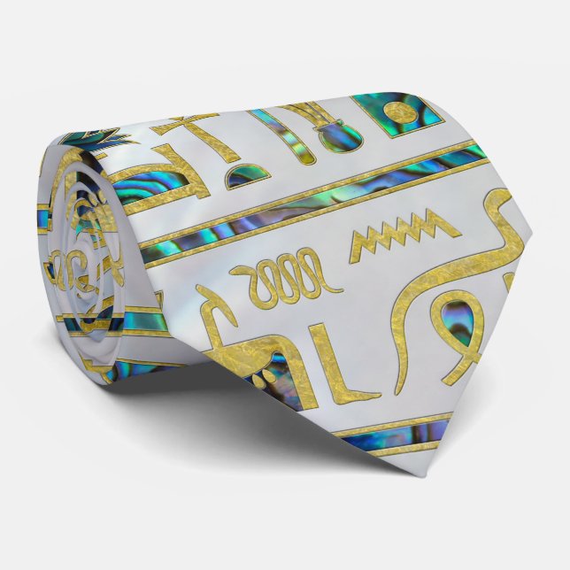 Gold and Abalone Egyptian hieroglyphs on pearl Tie (Rolled)