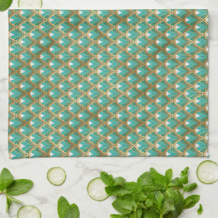 Gold and Aqua Art Deco Geometric Kitchen Towel