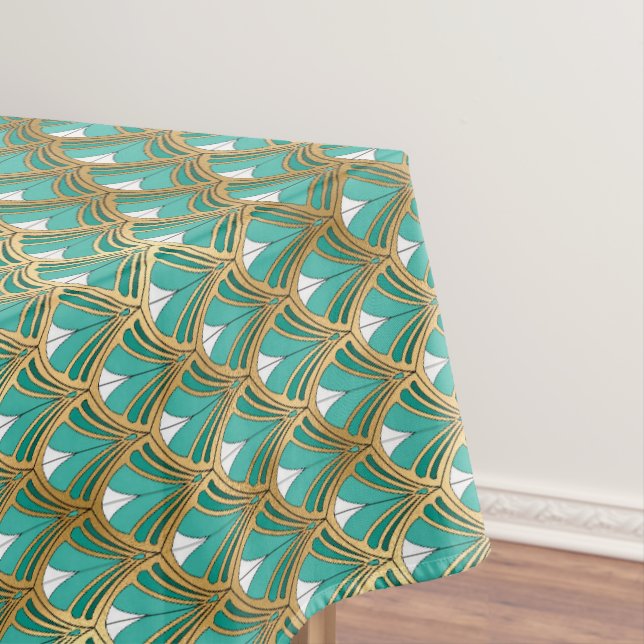 Gold and Aqua Art Deco Geometric Tablecloth (In Situ)