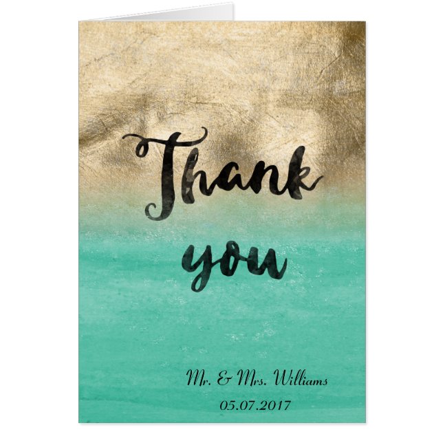 Gold and aqua green watercolor wedding design (Front)