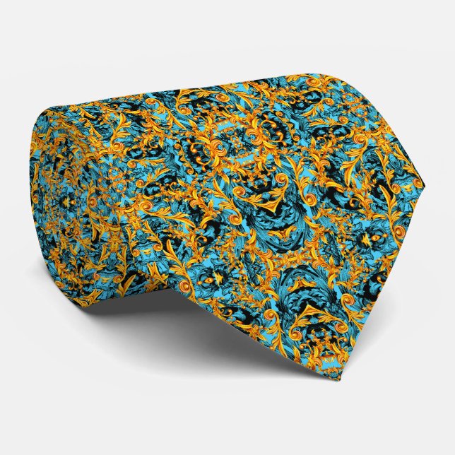 GOLD AND AQUA ITALIAN BAROQUE PRINT MEN'S TIE (Rolled)