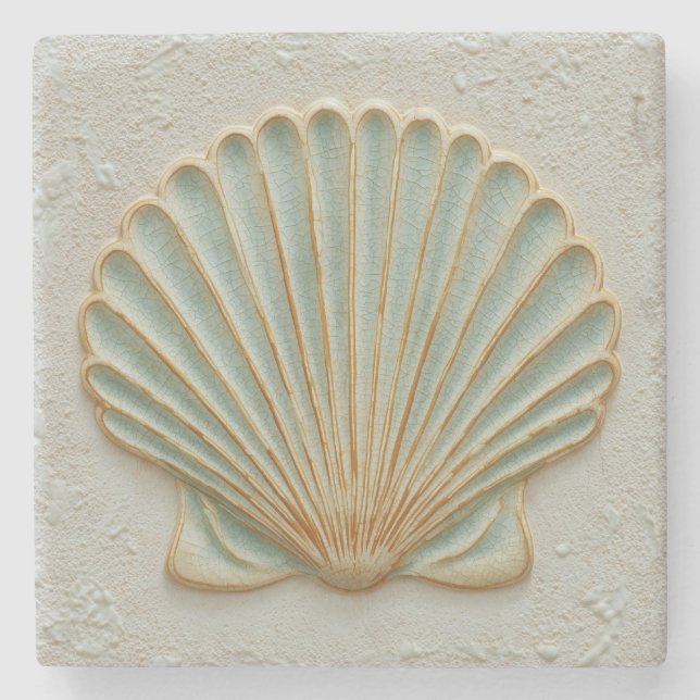 Gold and Aqua Scallop Shell Coastal Stone Coaster (Front)