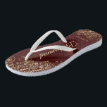Gold and Auburn Brown Bridesmaid Wedding Flip Flops<br><div class="desc">These elegant wedding flip flops are a great way to thank and recognize your bridesmaids, while giving their feet a rest after a long day. The beautiful design features an elegant design with golden curls and swirls on a chocolate brown or auburn colored background and fancy gold colored script lettering....</div>