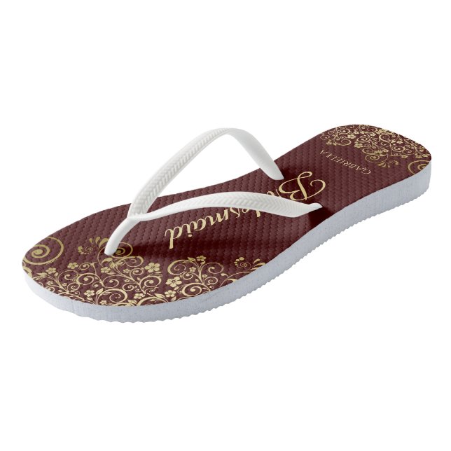 Gold and Auburn Brown Bridesmaid Wedding Flip Flops (Angled)