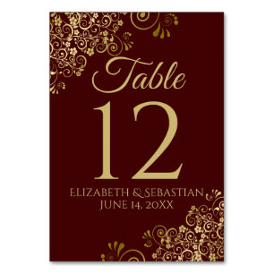 Gold and Auburn Brown Elegant Wedding Table Number