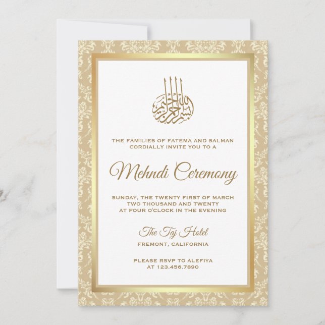 Gold and Beige Damask Islamic Mehndi Ceremony Invitation