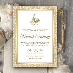 Gold and Beige Damask Islamic Mehndi Ceremony Invitation