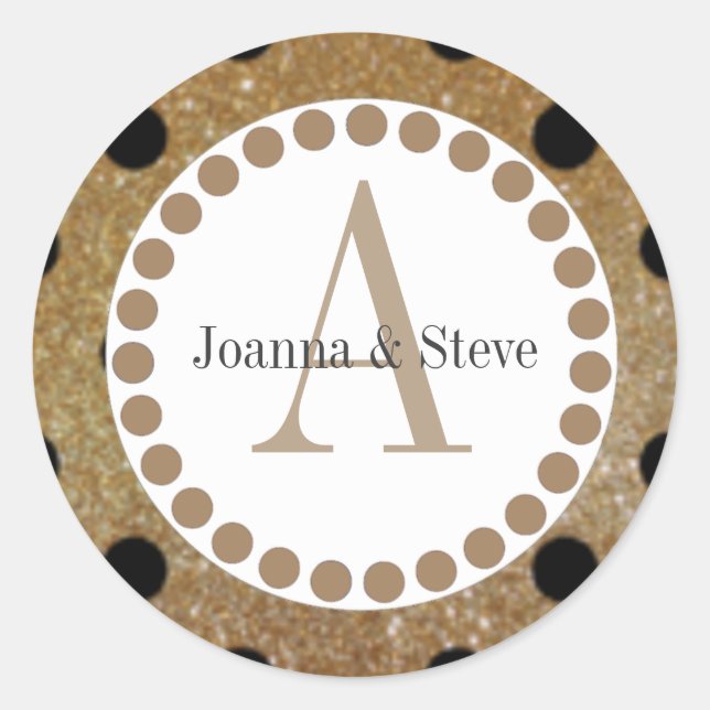 Gold and Blacb Polka Dot Moogram Sickers. Classic Round Sticker (Front)