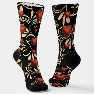 Gold and Black 3 D Red Hearts Socks