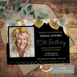 Gold and Black 50th Birthday Photo Invitation
