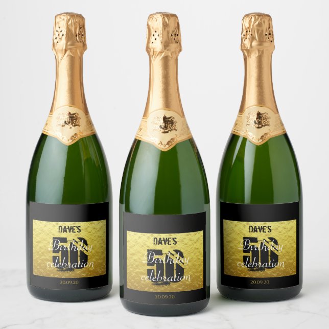 Gold and Black 50th Birthday Sparkling Wine Label  (Bottles)