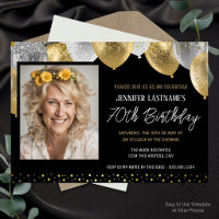 Gold and Black 70th Birthday Photo Invitation