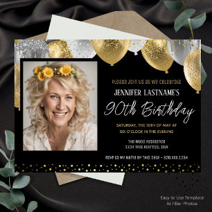 Gold and Black 90th Birthday Photo Invitation