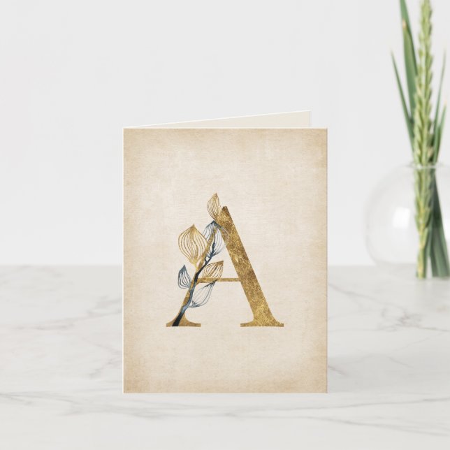Gold and Black A Monogram With Leaves Note Card (Front)