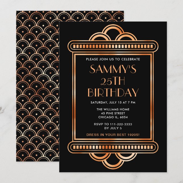 Gold and Black Art Deco Birthday Party Invitation (Front/Back)